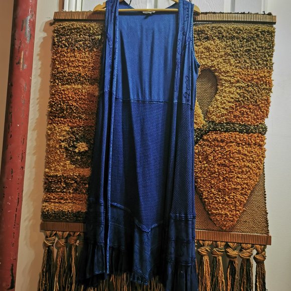 Blue embroidered open front midi vest - Picture 1 of 11